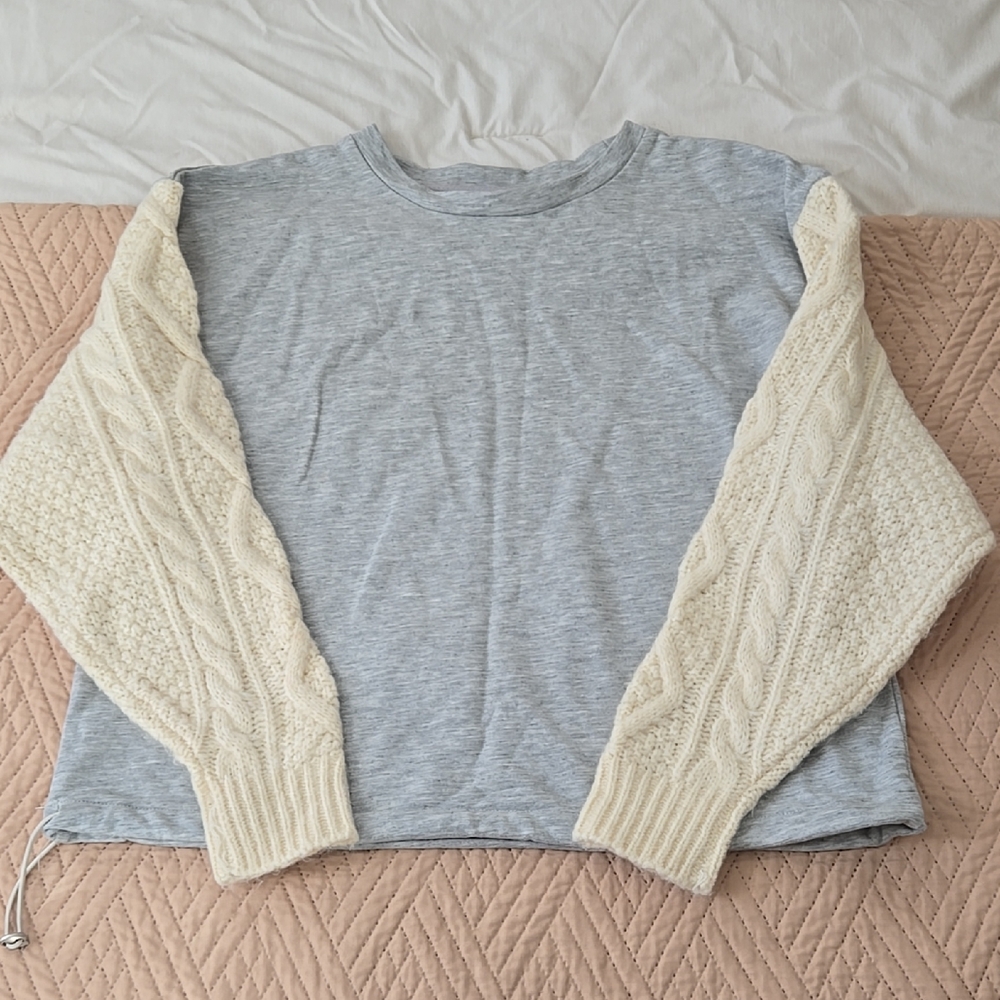 Gray Sweater with Cream Cable Knit Sleeves all:row all row medium